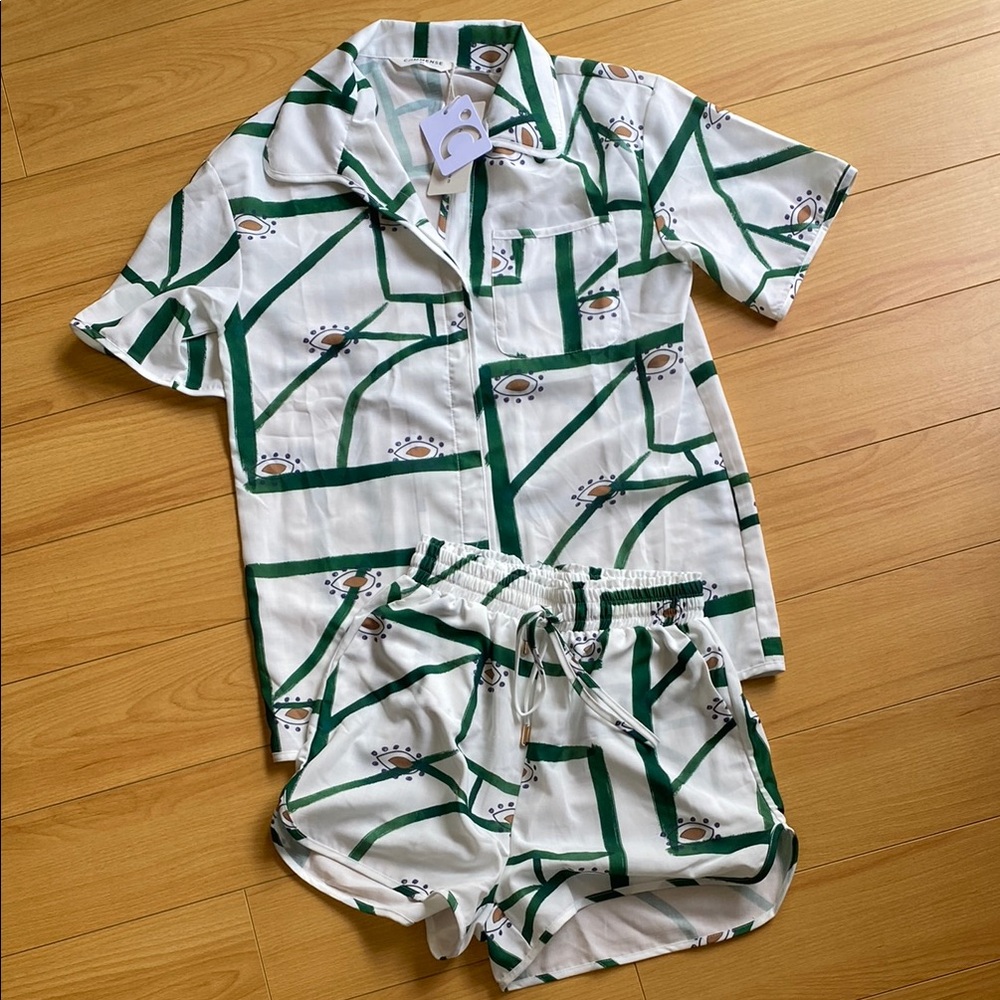 Green and White Geometric Print Drawstring Short Set for Summer